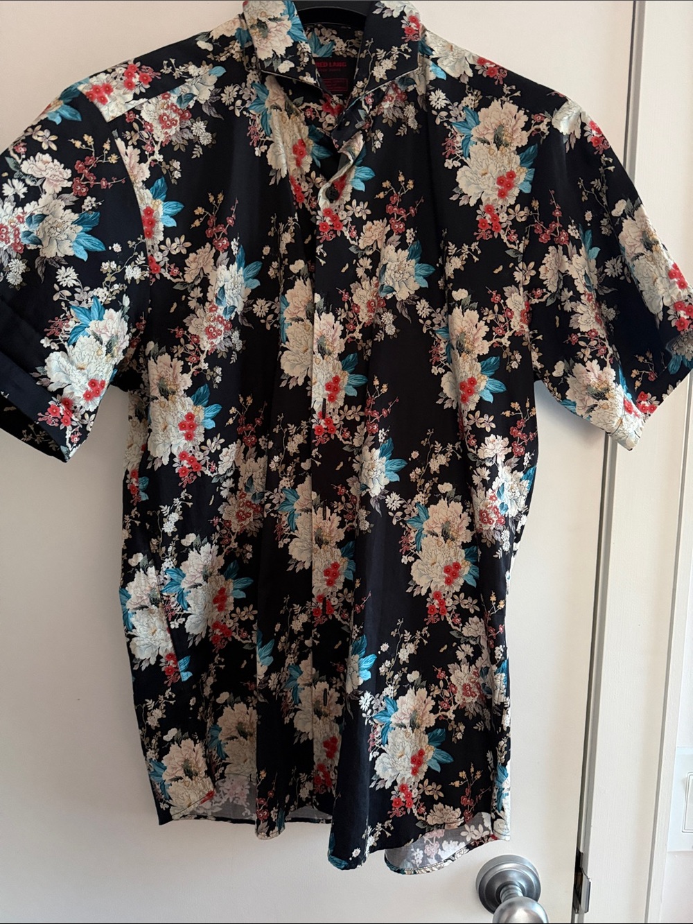 Jared Lang After Hours Black Floral Short-Sleeve Button-Up Shirt size M